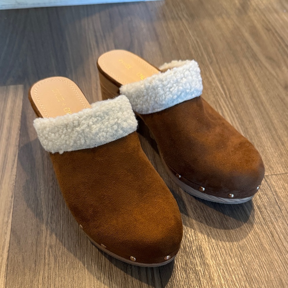 Suede Shearling Clog Mules in Brown